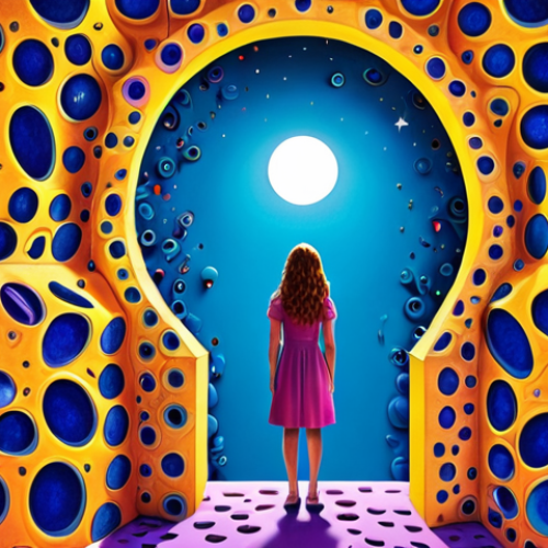 Home 8 **A surreal, dreamlike image representing curiosity:** Depict a person looking through a keyhole into a vibrant, colorful world filled with abstract shapes and intriguing objects. The keyhole is shaped like a question mark. Use a color palette of deep blues, purples, and bright yellows to convey mystery and excitement. Style: Dreamy, surreal art with a touch of fantasy.