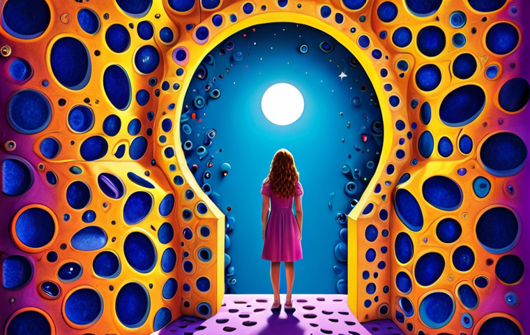 **A surreal, dreamlike image representing curiosity:** Depict a person looking through a keyhole into a vibrant, colorful world filled with abstract shapes and intriguing objects. The keyhole is shaped like a question mark. Use a color palette of deep blues, purples, and bright yellows to convey mystery and excitement. Style: Dreamy, surreal art with a touch of fantasy.