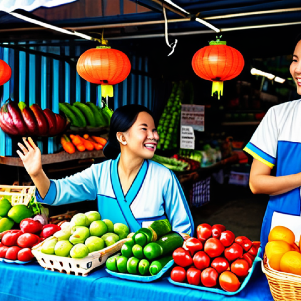 **
A vibrant market scene in Vietnam. A smiling vendor in ao dai is interacting with customers in her produce stall. Numerous positive customer reviews are displayed in a creative way above her stall. The overall feel should be bustling and trustworthy. _Safe for work, appropriate content, fully clothed, professional, modest._
**