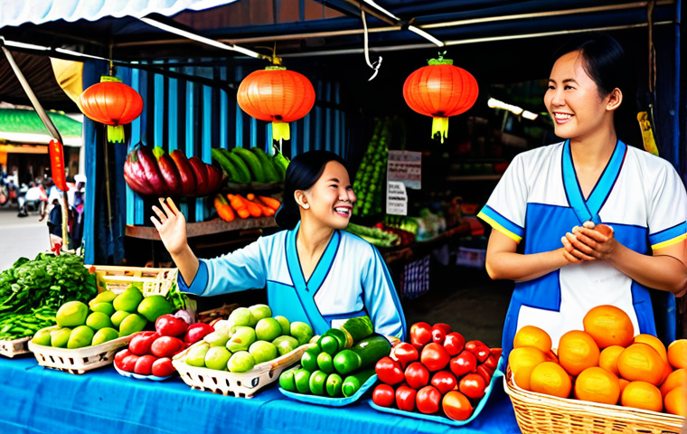 **
A vibrant market scene in Vietnam. A smiling vendor in ao dai is interacting with customers in her produce stall. Numerous positive customer reviews are displayed in a creative way above her stall. The overall feel should be bustling and trustworthy. _Safe for work, appropriate content, fully clothed, professional, modest._
**