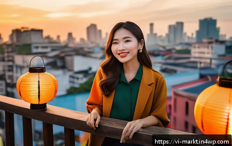 인플루언서 마케팅과 심리학의 교차점 - A vibrant Vietnamese influencer livestreaming on a bustling urban rooftop at sunset, engaging warmly...
