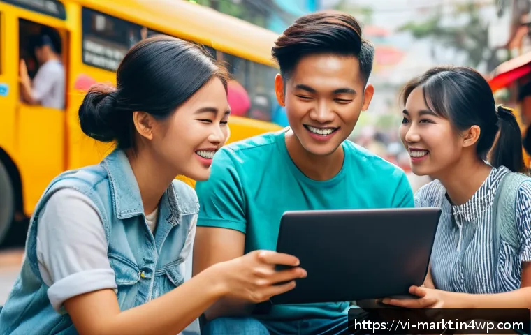 바이럴 마케팅의 심리적 원인 분석 - A vibrant social media scene in a modern Vietnamese urban setting, featuring diverse young adults en...
